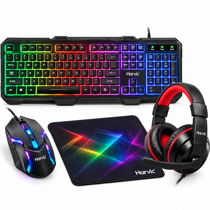 Kit Gamer 4 en 1  Harvic SET44 Teclado Mouse Audífonos Gaming y mouse pad
