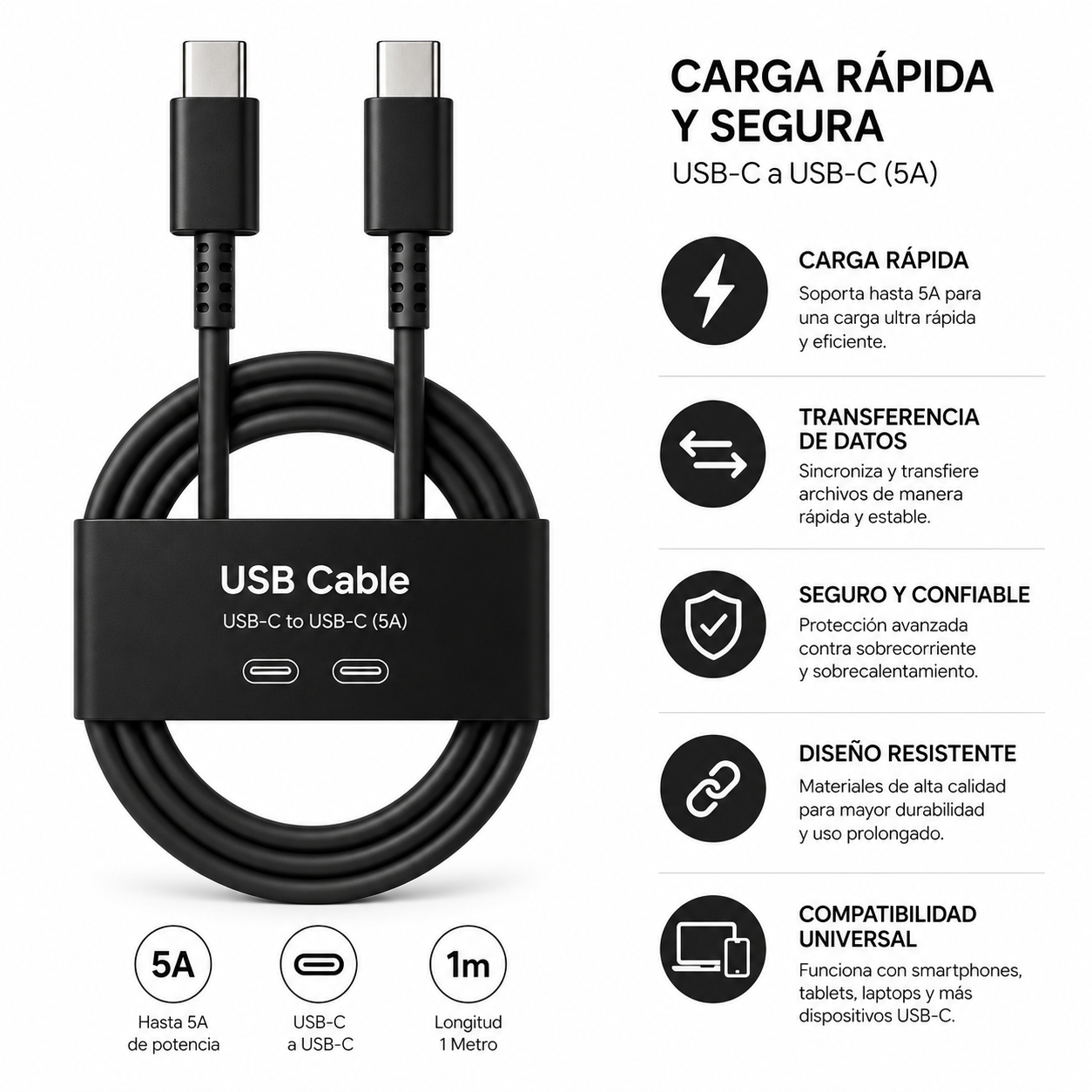 Cable USB-C a USB-C de 1 Metro 5A, Carga Rápida para Celulares  Samsung y Dispositivos con Puerto C.