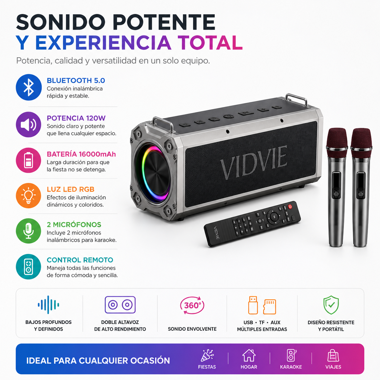 Parlante Bluetooth Karaoke VIDVIE XL-SP911 120W  16000mAh  2 Micrófonos Inalámbricos