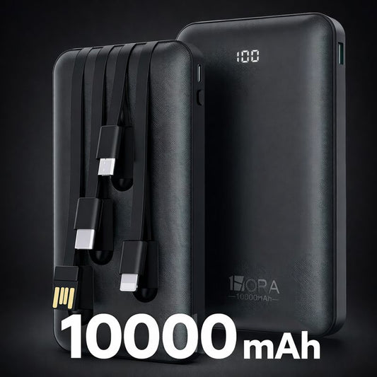 Power Bank 10000mAh con Cables Integrados y Linterna LED 1 Hora
