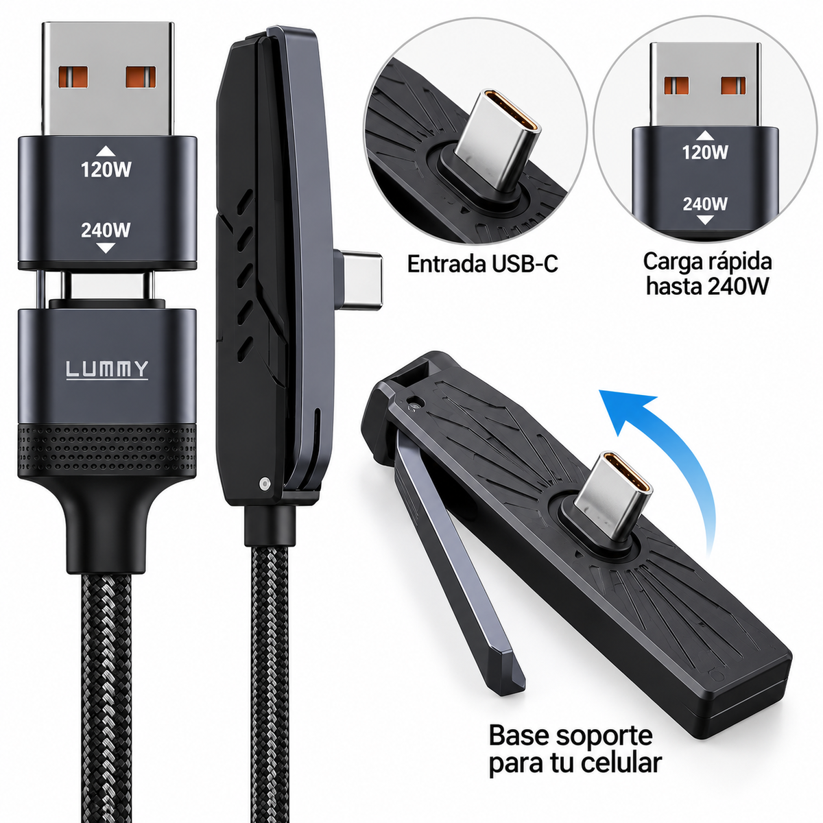 Cable Lummy Nylon USB Tipo C 240W 2 en 1 de 2 Metros con Soporte para Celular y Carga Rápida