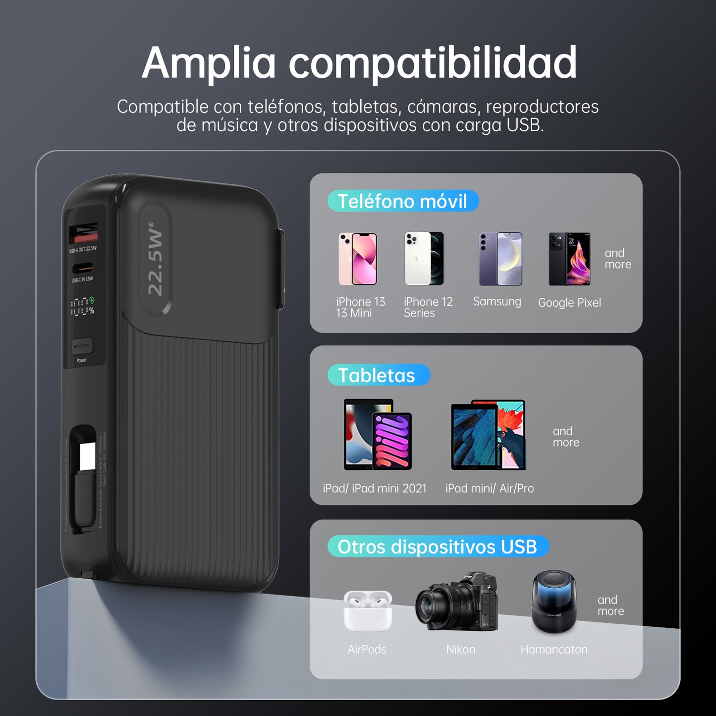 Power Bank G-TiDE Traveler 1 10000mAh Carga Rápida 22.5W con Cables y enchufe de carga incorporado