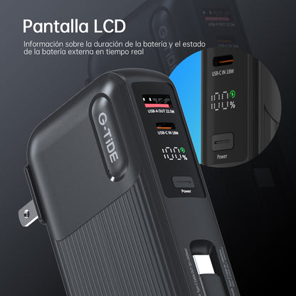 Power Bank G-TiDE Traveler 1 10000mAh Carga Rápida 22.5W con Cables y enchufe de carga incorporado