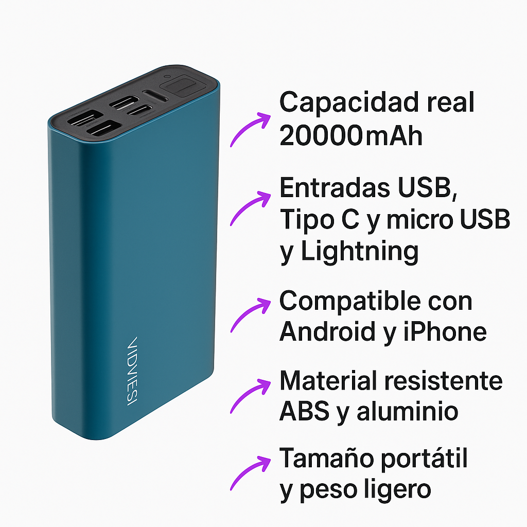 Power Bank 20000mAh con Carga Rápida USB, Tipo C y Lightning de Alta Potencia