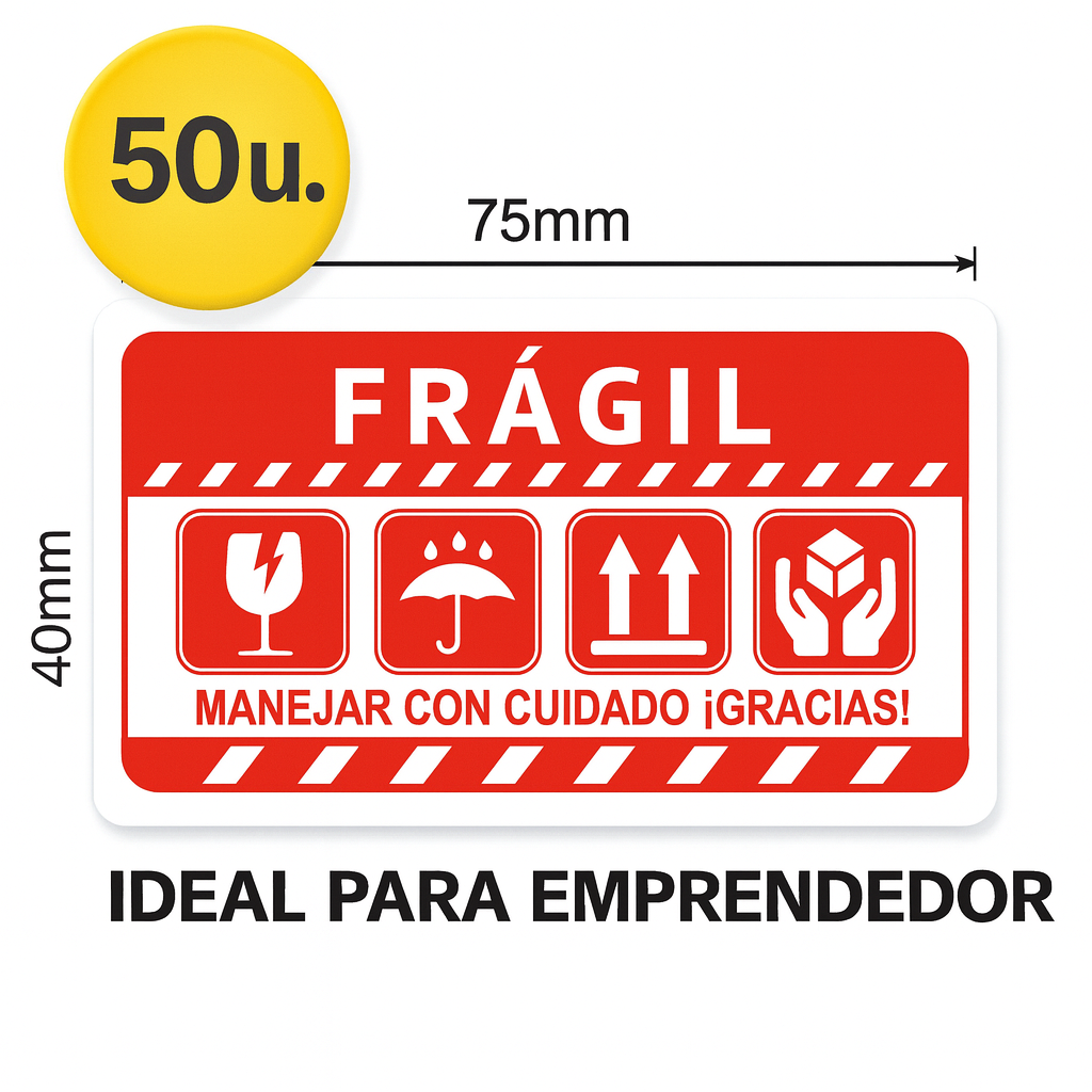 - 50 UNIDADES -  Etiquetas FRÁGIL 75x40mm  – Protección de Paquetes - Envío Seguro”