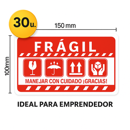 - 30 UNIDADES - Etiquetas FRÁGIL 150x100mm – Protección de Paquetes - Envío Seguro.