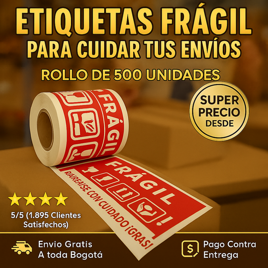 (500 Uds) Etiquetas FRÁGIL 75×40mm para Protección de Paquetes