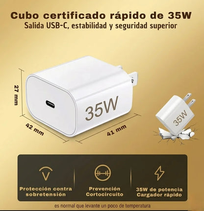 Cargador Rápido 35W USB-C Compatible con iPhone y Android Tipo C