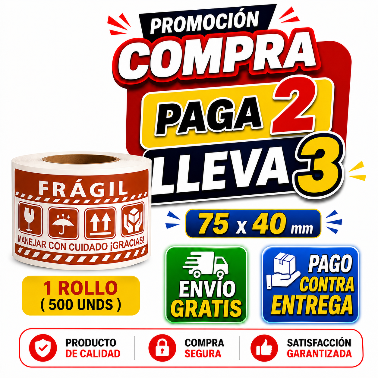 (500 Uds)  Etiquetas autoadhesivas FRÁGILEspañol 7.5x4cm Protección Paquetes