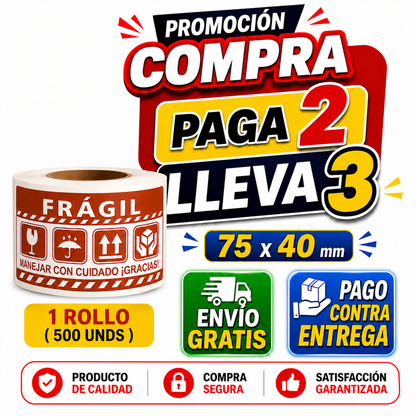 (500 Uds)  Etiquetas autoadhesivas FRÁGILEspañol 7.5x4cm Protección Paquetes