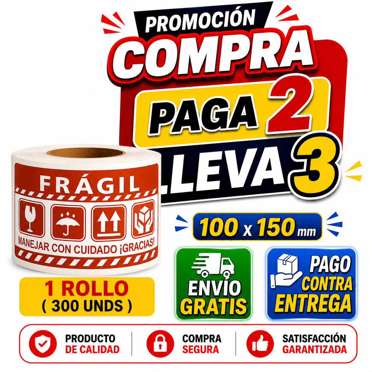 300 UNIDADES - Etiquetas FRÁGIL ESPAÑOL 100x150mm – Protección de Paquetes - Envío Seguro”