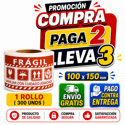 300 UNIDADES - Etiquetas FRÁGIL ESPAÑOL 100x150mm – Protección de Paquetes - Envío Seguro”