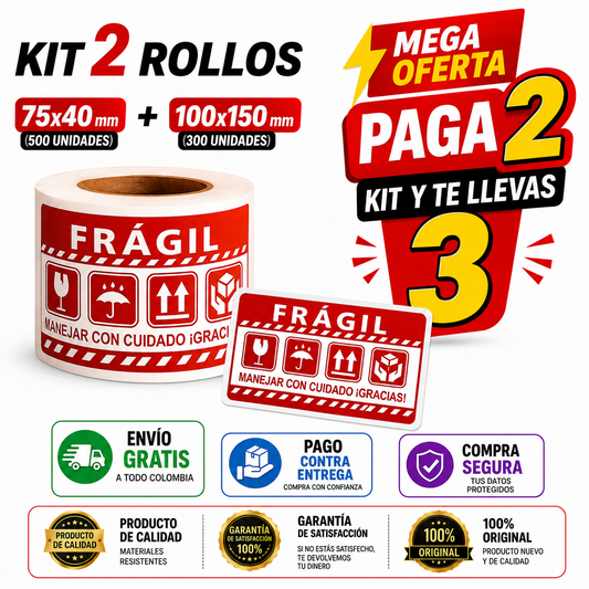 Combo Etiquetas autoadhesivas FRÁGIL español para proteción Paquetes (75x40mm) y (100x150mm)