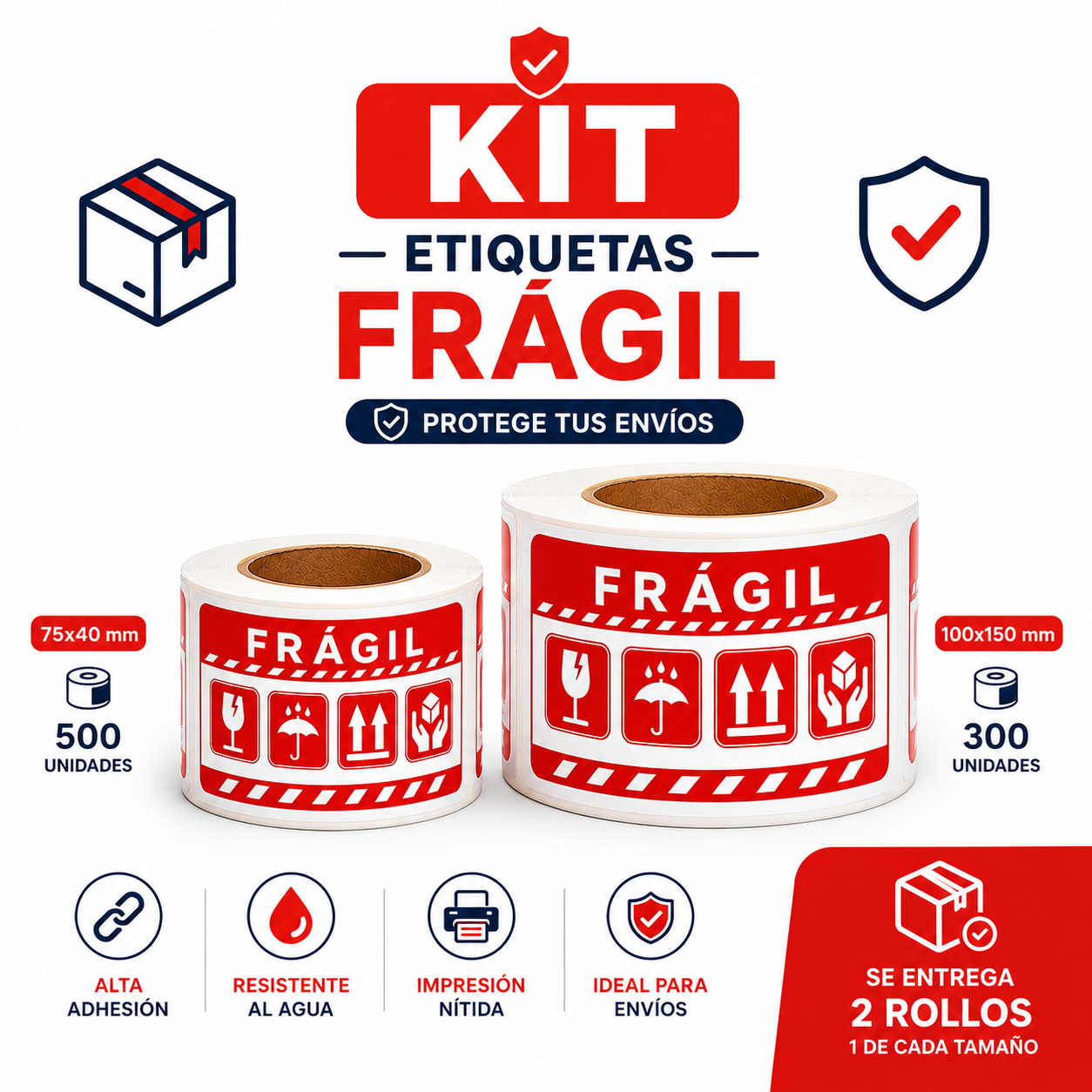 Combo Etiquetas autoadhesivas FRÁGIL español para proteción Paquetes (75x40mm) y (100x150mm)