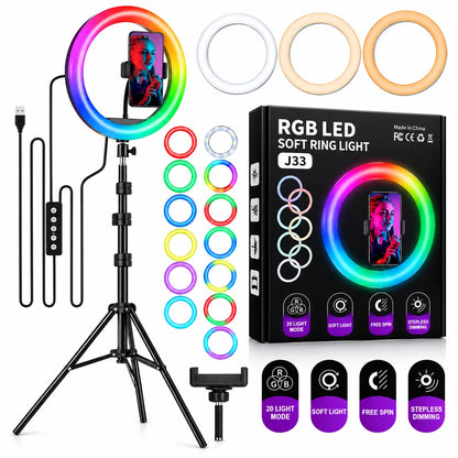 Aro de Luz LED RGB para Selfies, TikTok, Maquillaje y Videos con Trípode Ajustable y Soporte para Celular