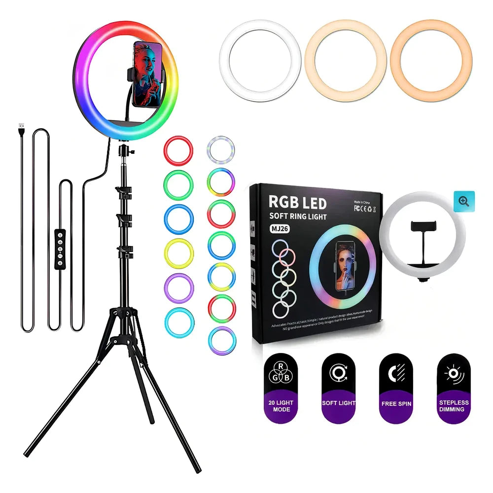 Aro de Luz LED RGB para Selfies, TikTok, Maquillaje y Videos con Trípode Ajustable y Soporte para Celular