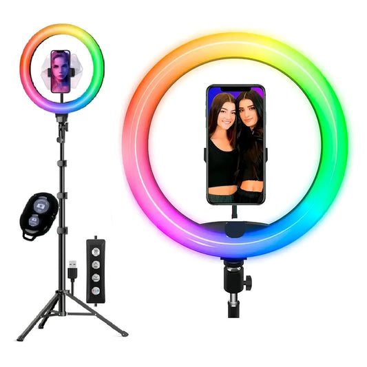 Aro de Luz LED RGB para Selfies, TikTok, Maquillaje y Videos con Trípode Ajustable y Soporte para Celular