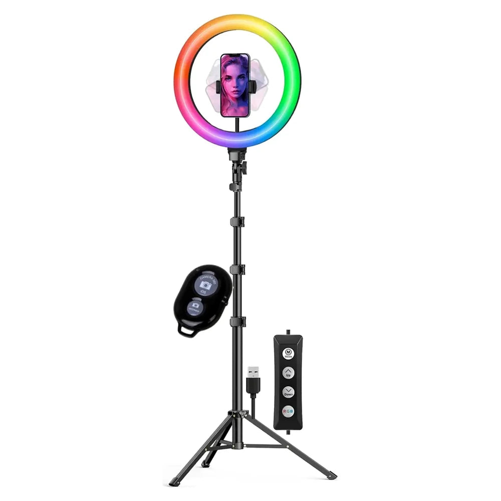 Aro de Luz LED RGB para Selfies, TikTok, Maquillaje y Videos con Trípode Ajustable y Soporte para Celular