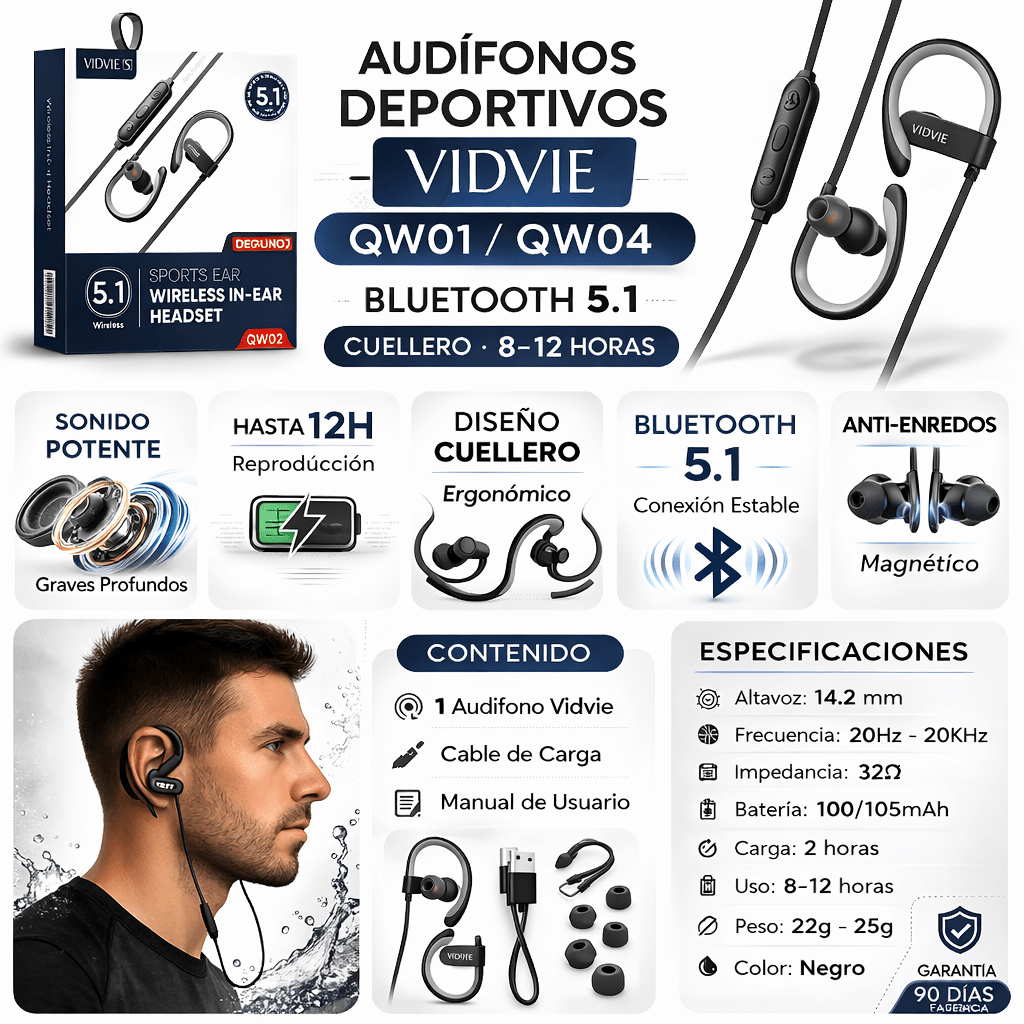 Audífonos Deportivos Vidvie QW02 Bluetooth 5.1 Cuellero 12H - Tecnomundointl