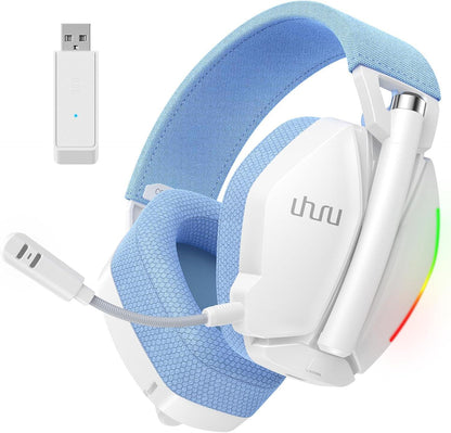 Audífonos gamer inalámbricos blancos y celestes con micrófono para PlayStation y adaptador USB.