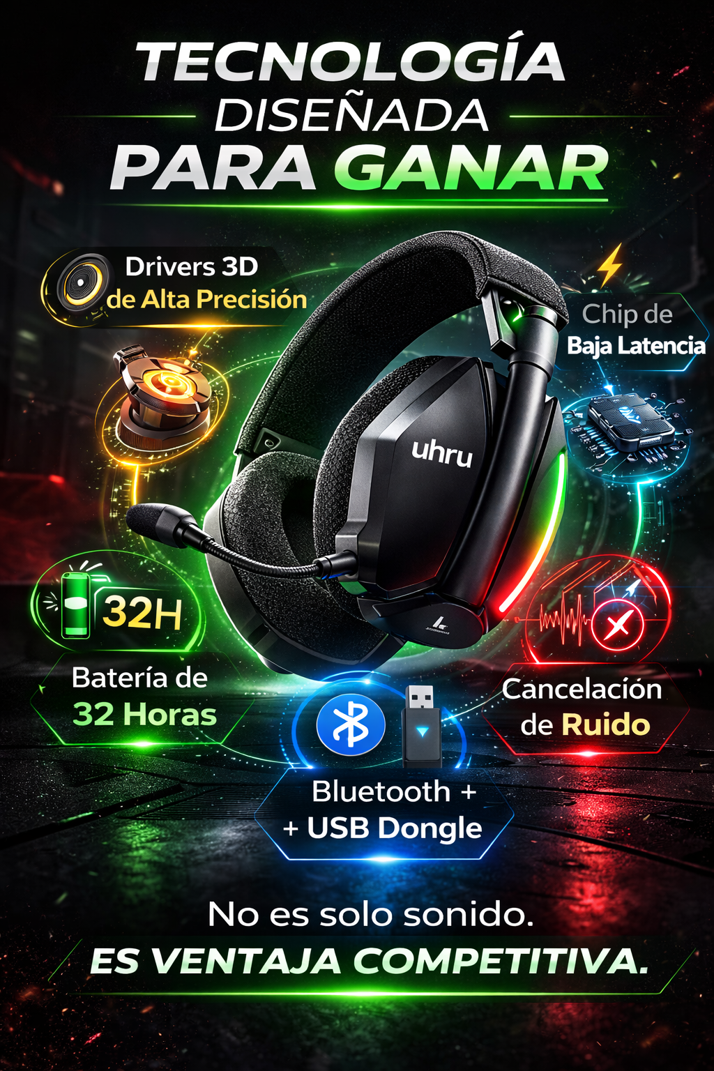 Audífonos Gamer para PlayStation UHURU Pro 3D – Baja Latencia, 32H Batería y Cancelación de Ruido - Tecnomundointl
