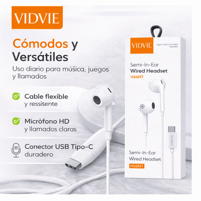 Auriculares Semi In - Ear USB - C VIDVIE HS685T Alta Fidelidad para Samung y iphone - Tecnomundointl