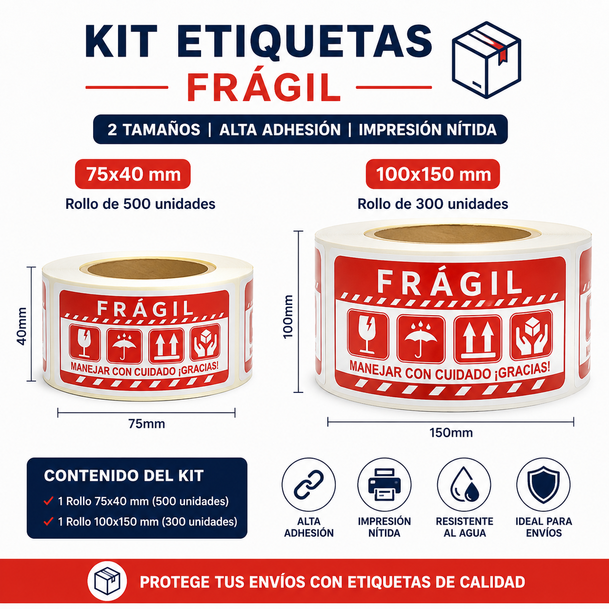 Combo Etiquetas autoadhesivas FRÁGIL español para proteción Paquetes (75x40mm) y (100x150mm)