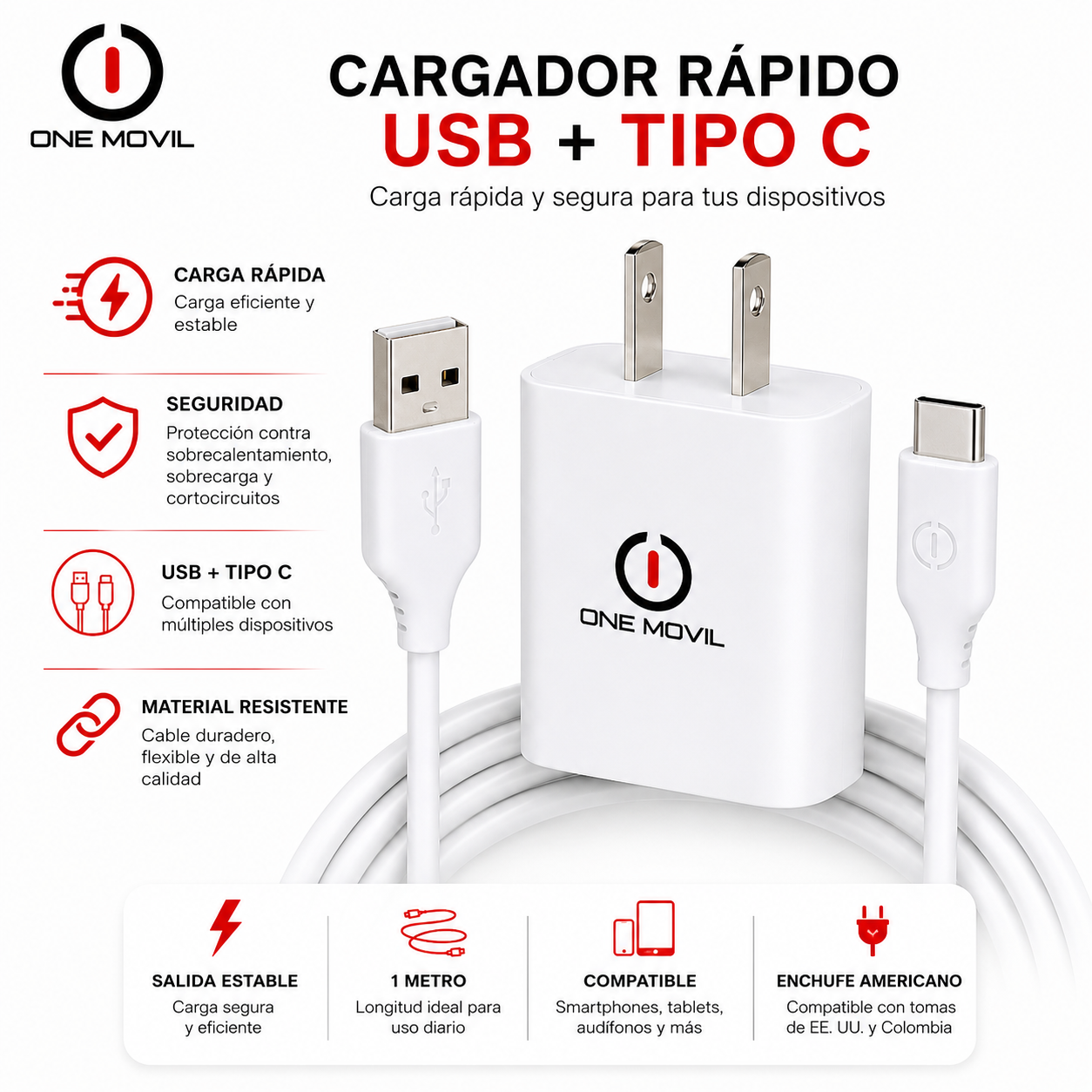 Cargador One Movil 5V 2A con Cable USB a USB-C 1 Metro