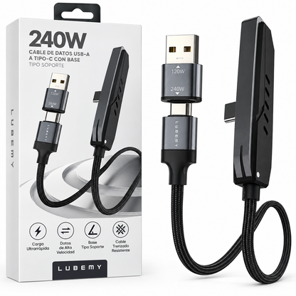 Cable Lummy Nylon USB Tipo C 240W 2 en 1 de 2 Metros con Soporte para Celular y Carga Rápida