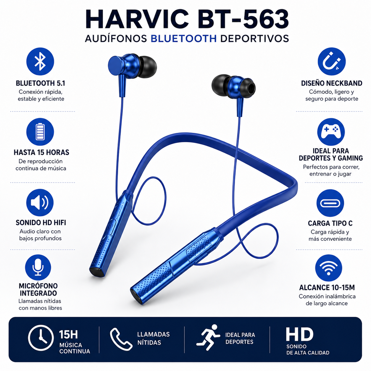 Audífonos Bluetooth Deportivos Harvic de cuello Inalámbricos hasta 12 horas