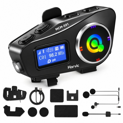 Intercomunicador Bluetooth Harvic MCM-591 para Casco de Moto con Pantalla LCD, Radio FM