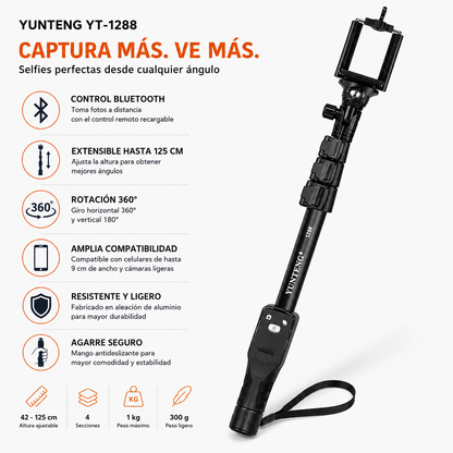 Palo Selfie Trípode Yunteng YT-1288 Bluetooth Extensible 125 cm con Control Remoto para Celular y Cámara
