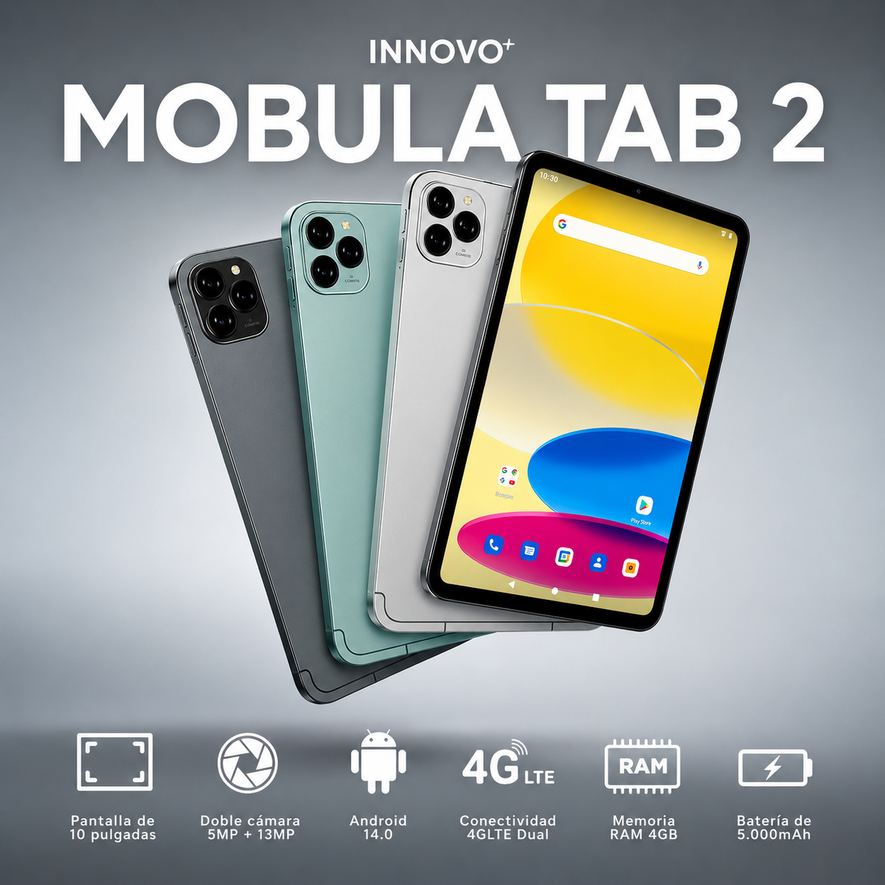 Tablet Mobulaa TAB-2 10.1” Android 14 4G LTE + Teclado + Mouse + Lápiz + Case