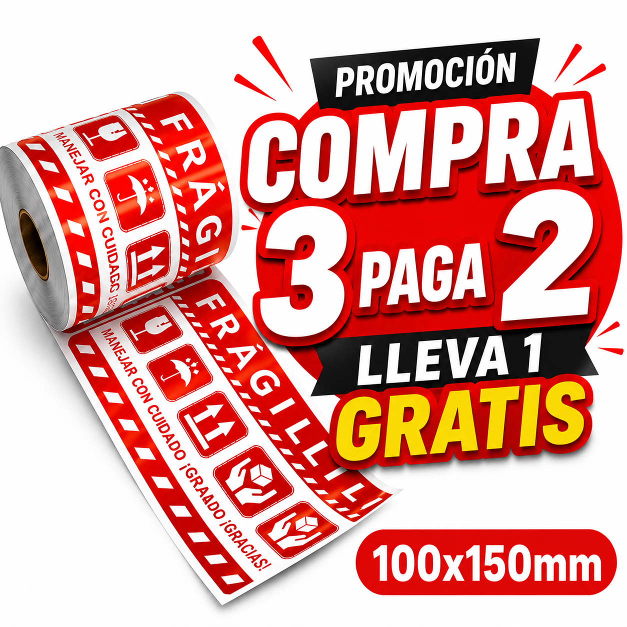 300 UNIDADES - Etiquetas FRÁGIL ESPAÑOL 100x150mm – Protección de Paquetes - Envío Seguro”