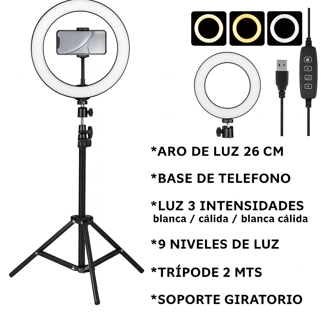 Aro de Luz 26 cm con Soporte para Celular para Fotos y Maquillaje