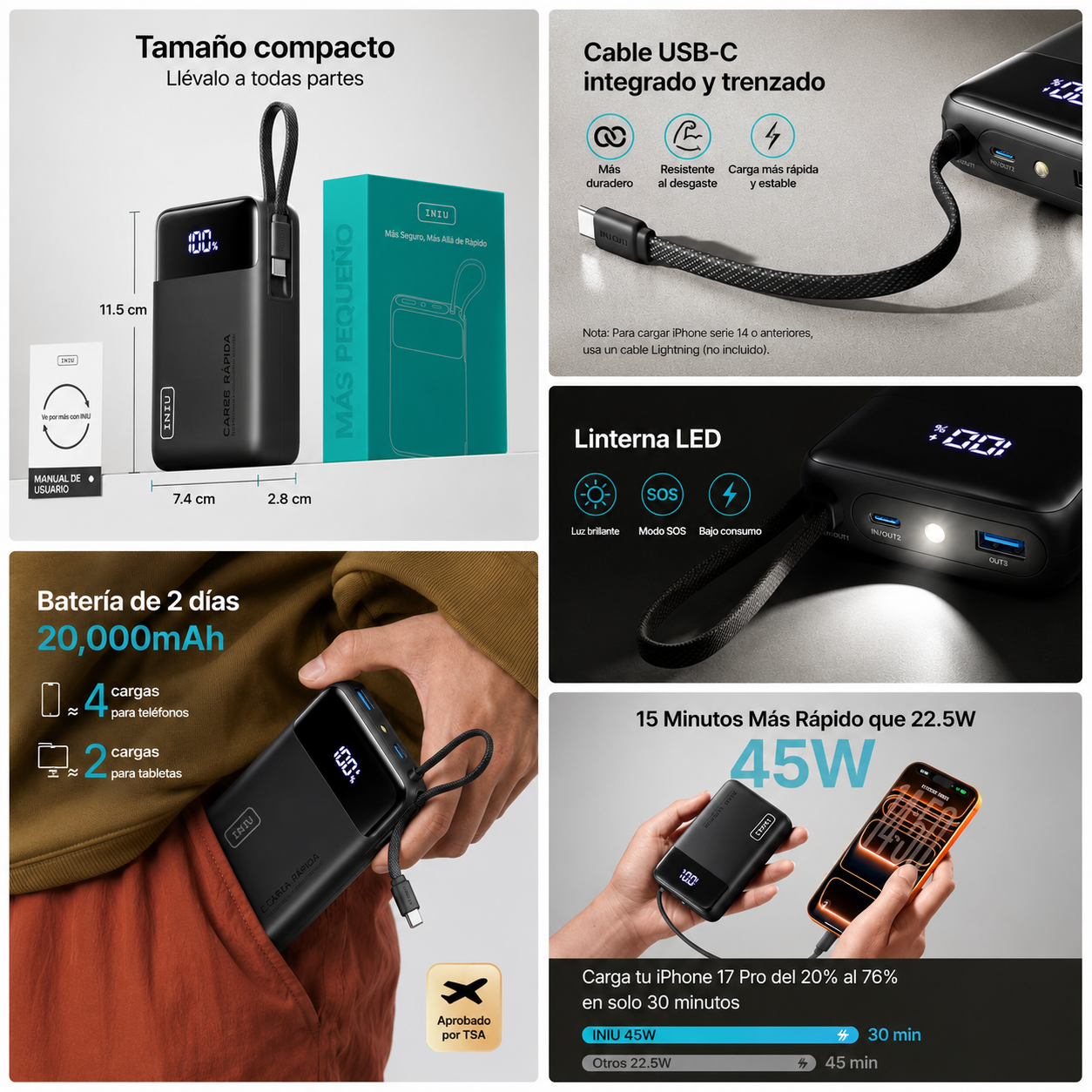 Power Bank INIU 20000mAh 45W Carga Rápida USB-C Cable Integrado