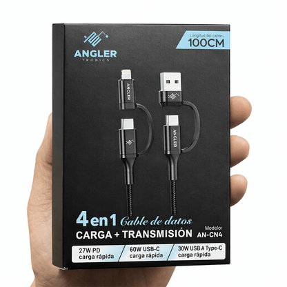 Cable Angler 4 en 1 carga rapida PD 60W USB - C Lightning 100cm - AN - CN4 - Tecnomundointl