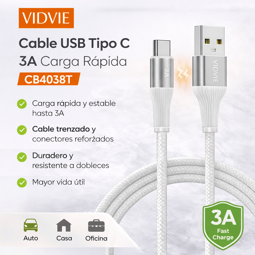 Cable USB Tipo C 3A Carga Rápida VIDViE de malla - Tecnomundointl
