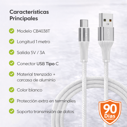 Cable USB Tipo C 3A Carga Rápida VIDViE de malla - Tecnomundointl
