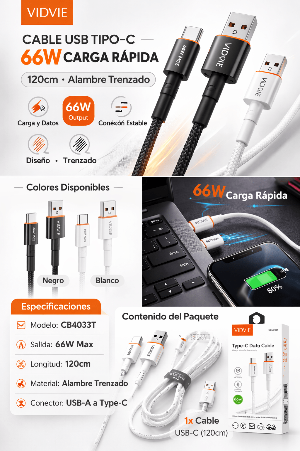 Cable USB usb - C 66W Carga Rápida Trenzado 120cm VIDVIE CB4033 - Tecnomundointl