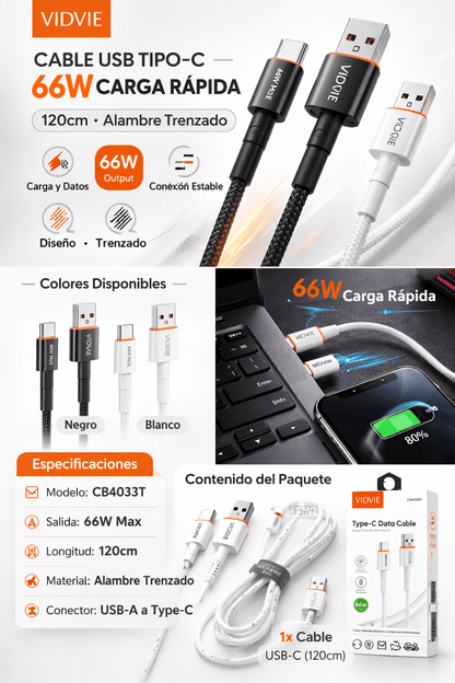 Cable USB usb - C 66W Carga Rápida Trenzado 120cm VIDVIE CB4033 - Tecnomundointl