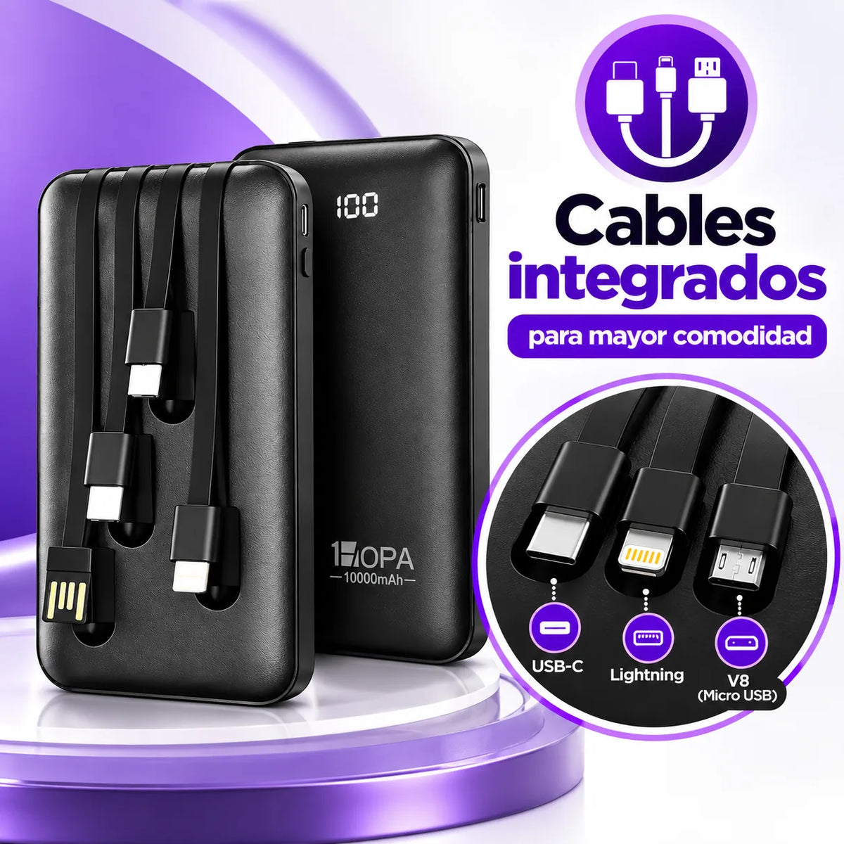 Power Bank 1hora - Cargador portatil 10000mAh Carga Rápida Para iPhone y Android Con Cable integrado . 1 hora