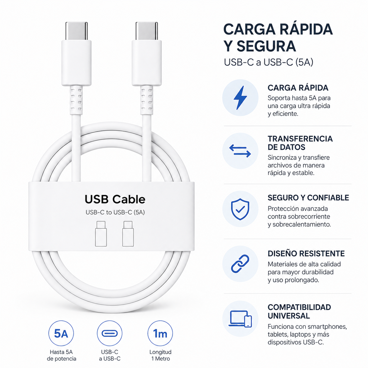 Cable USB-C a USB-C de 1 Metro 5A, Carga Rápida para Celulares  Samsung y Dispositivos con Puerto C.