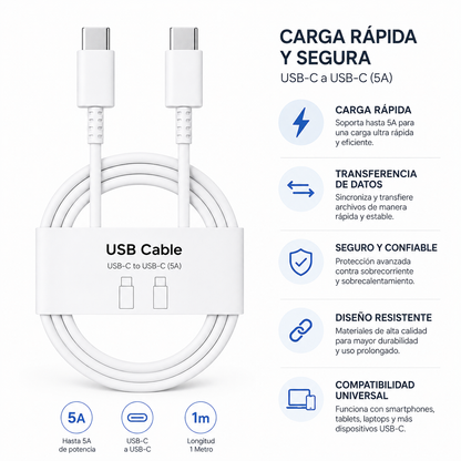 Cable USB-C a USB-C de 1 Metro 5A, Carga Rápida para Celulares  Samsung y Dispositivos con Puerto C.