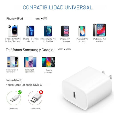 Cargador Completo 25W para iPhone con Cable USB - C a Lightning – Carga Rápida - Tecnomundointl