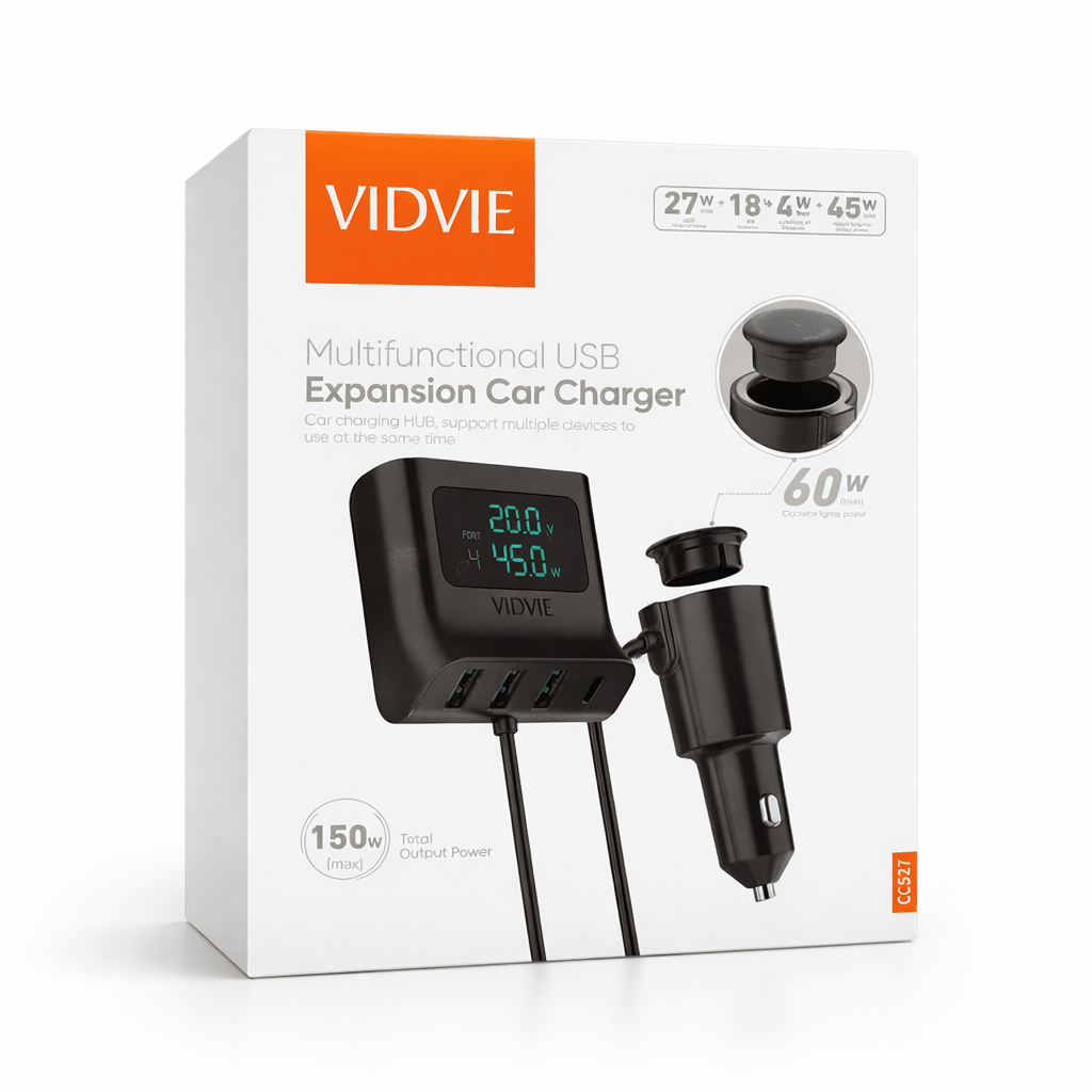 Cargador de carro Vidvie CC527 150W USB - C + 3 USB Carga Rápida PD3.0 QC3.0 12 - 24V - Tecnomundointl