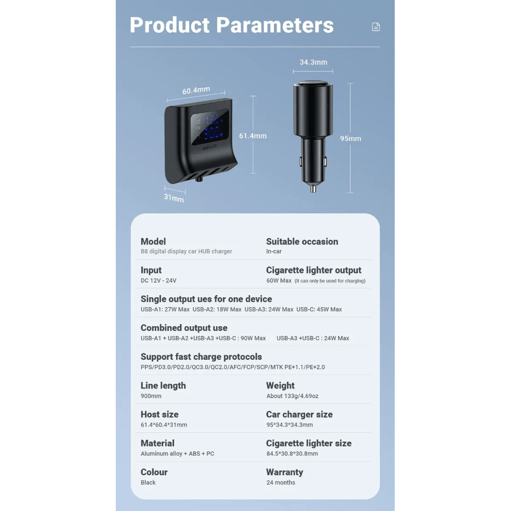 Cargador de carro Vidvie CC527 150W USB - C + 3 USB Carga Rápida PD3.0 QC3.0 12 - 24V - Tecnomundointl