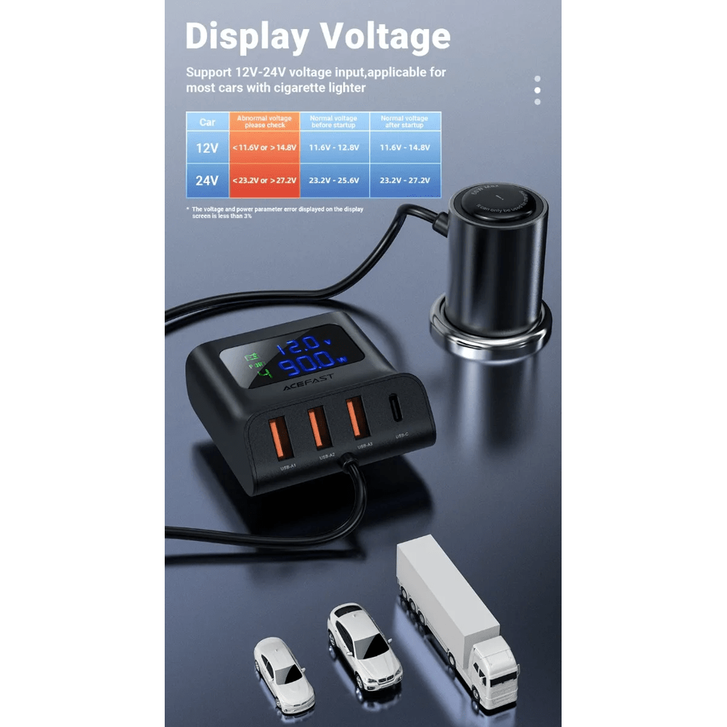 Cargador de carro Vidvie CC527 150W USB - C + 3 USB Carga Rápida PD3.0 QC3.0 12 - 24V - Tecnomundointl