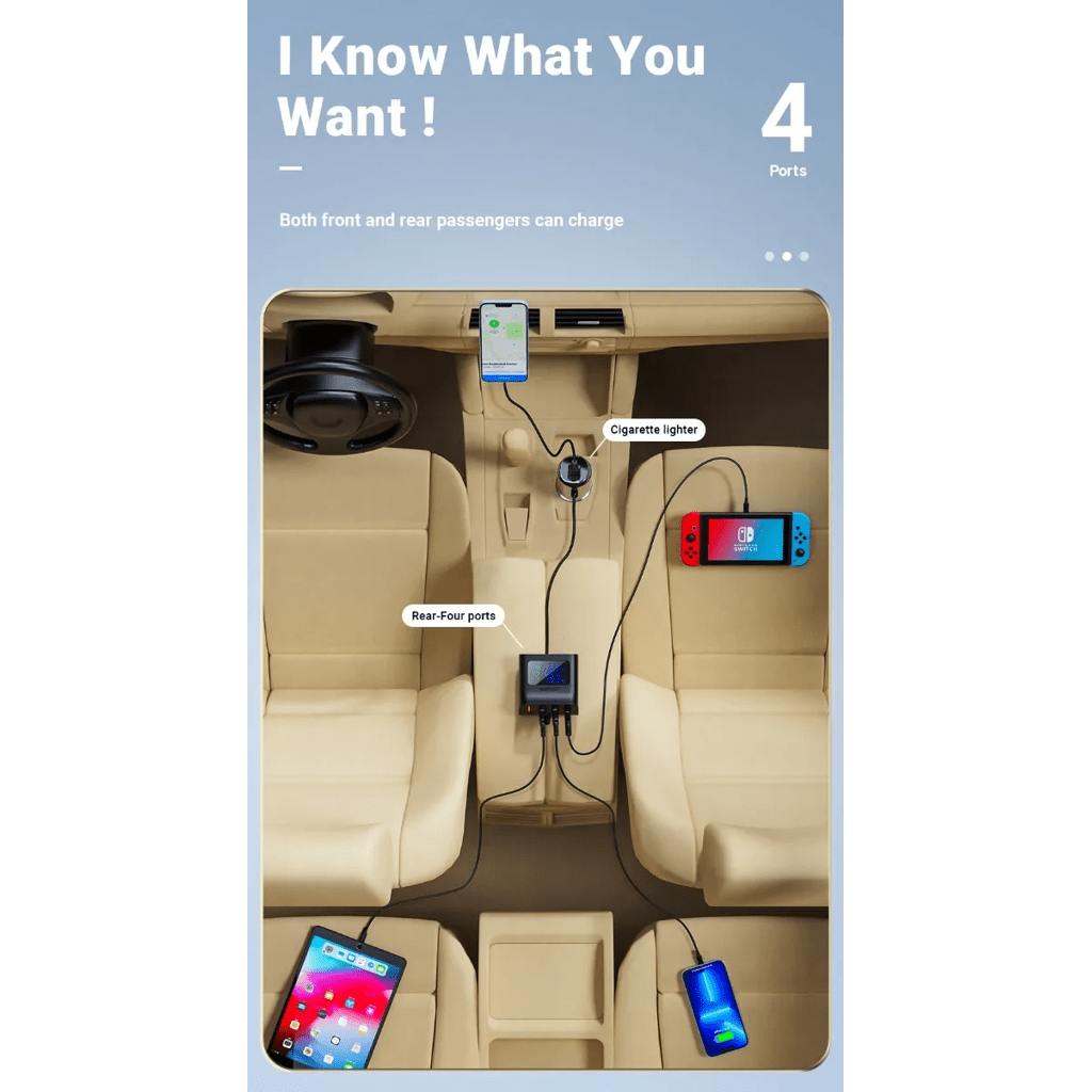 Cargador de carro Vidvie CC527 150W USB - C + 3 USB Carga Rápida PD3.0 QC3.0 12 - 24V - Tecnomundointl