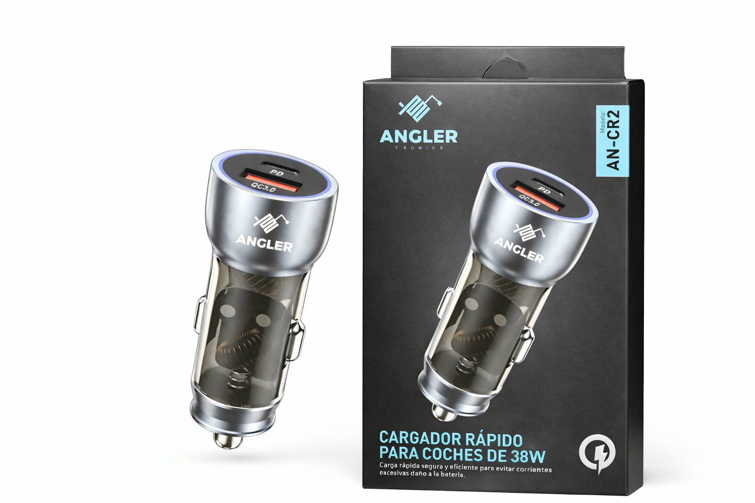 Cargador para carro 38W carga rápida PD USB QC3.0 doble puerto Angler AN - CR2 - Tecnomundointl